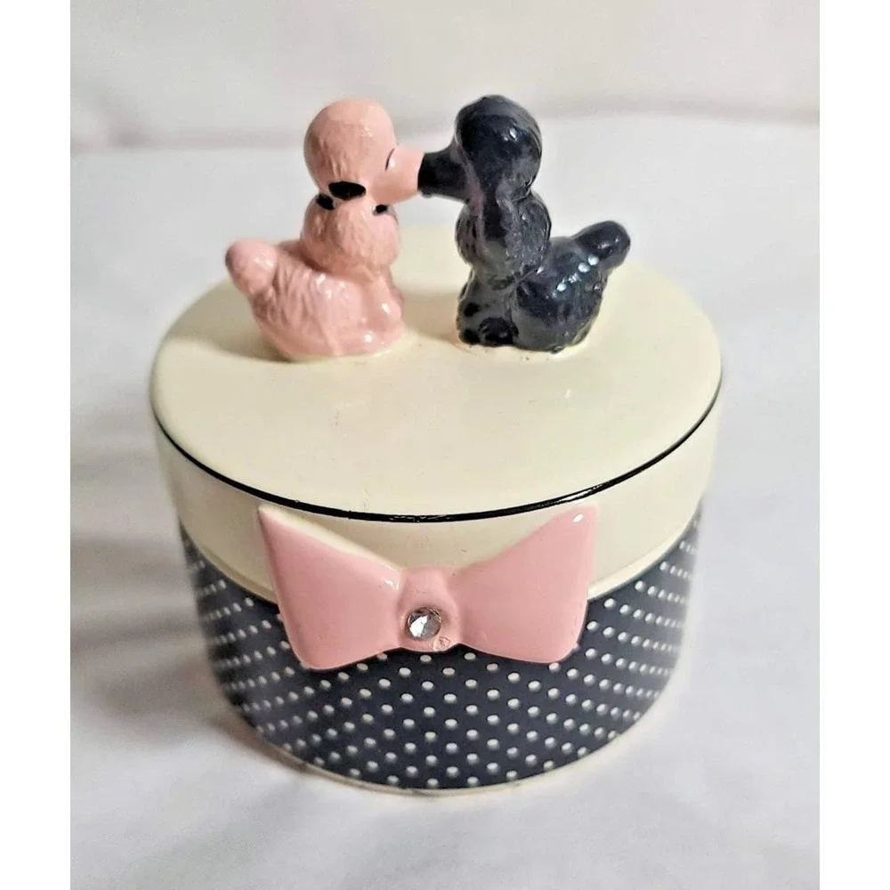 FAB Starpoint Ceramic‎ Poodle Trinket Box Round Polka Dot Pink Bow Small Cute
